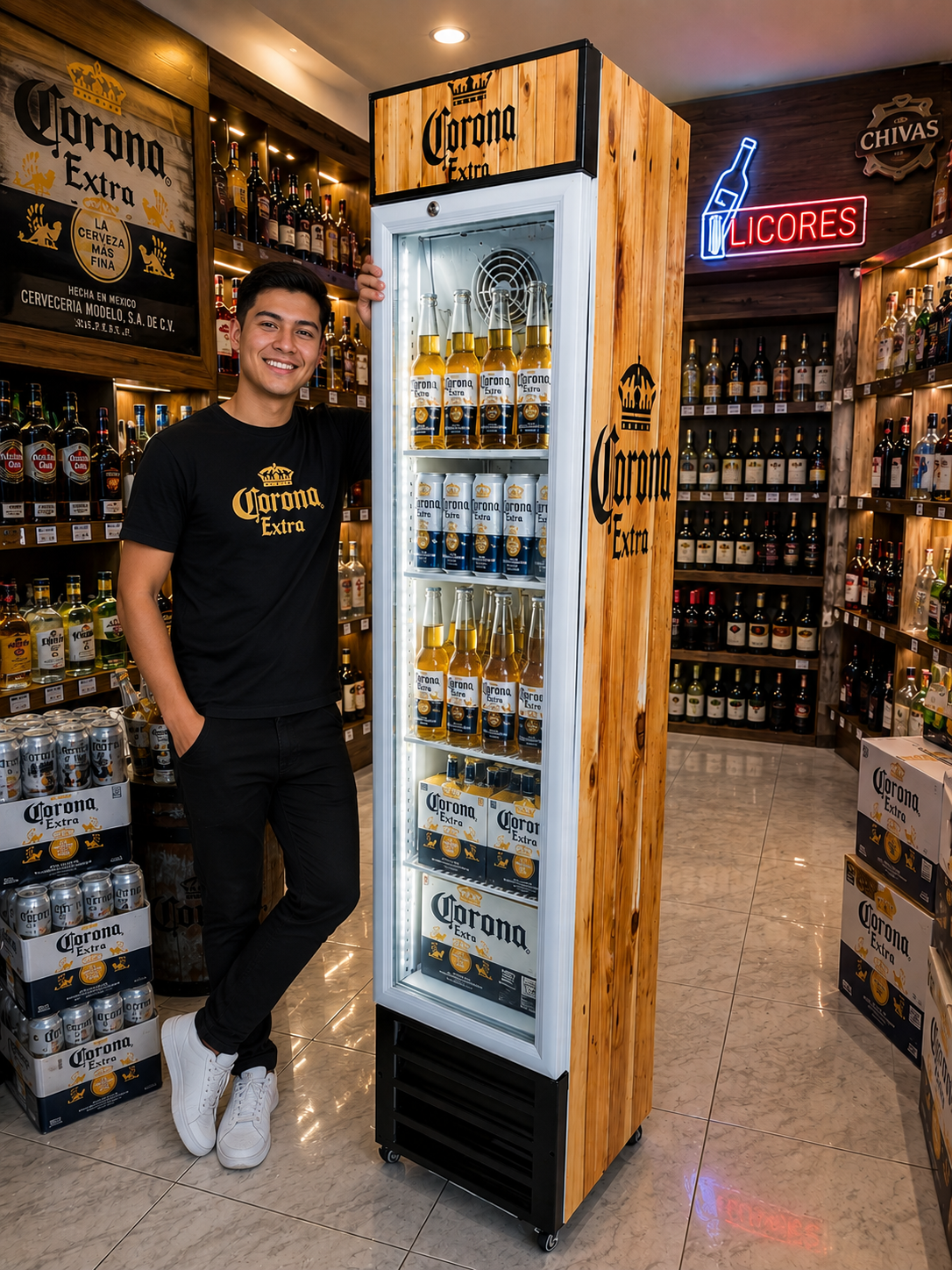 Joven con Visicooler en tienda de Lima